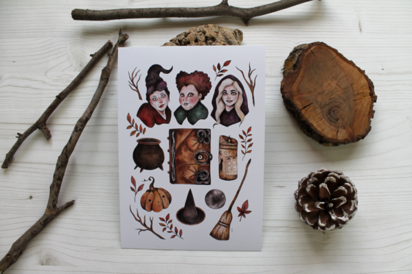 Lámina ilustrada brujas Salem y Halloween