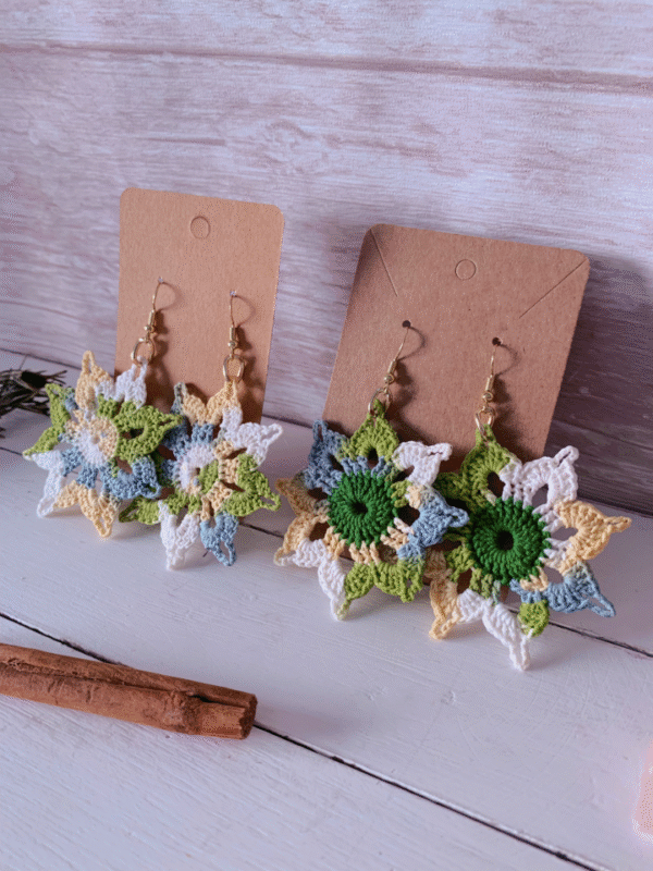 Pendientes girasol crochet con tonalidades verdes