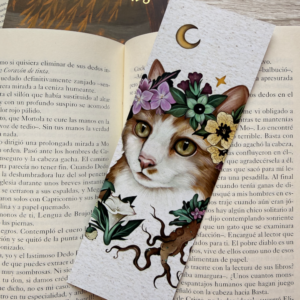 Marcapáginas Gata con flores brujiles ,Cat with witchy flowers bookmark
